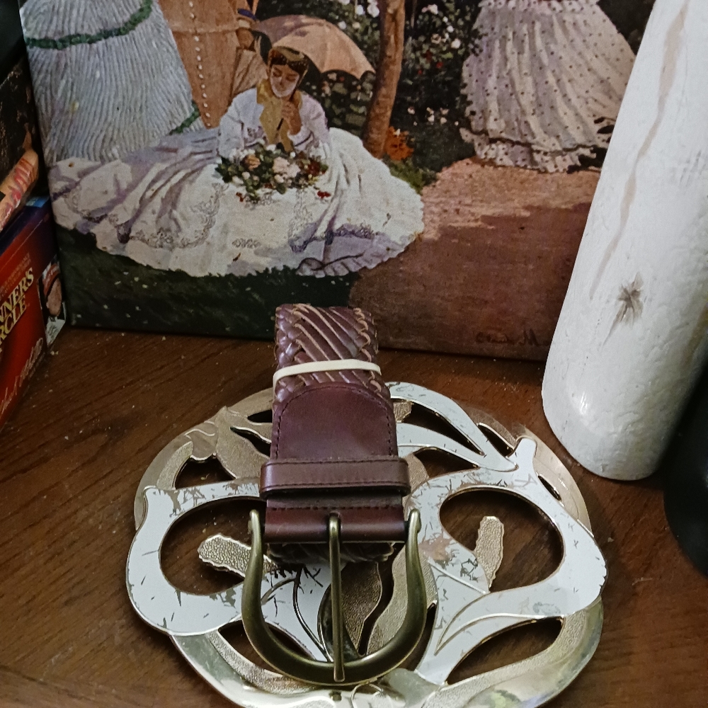 Linea Pelle brown woven wide belt leather Size Small,3" Brass Buckle,Nic… - Picture 2 of 12